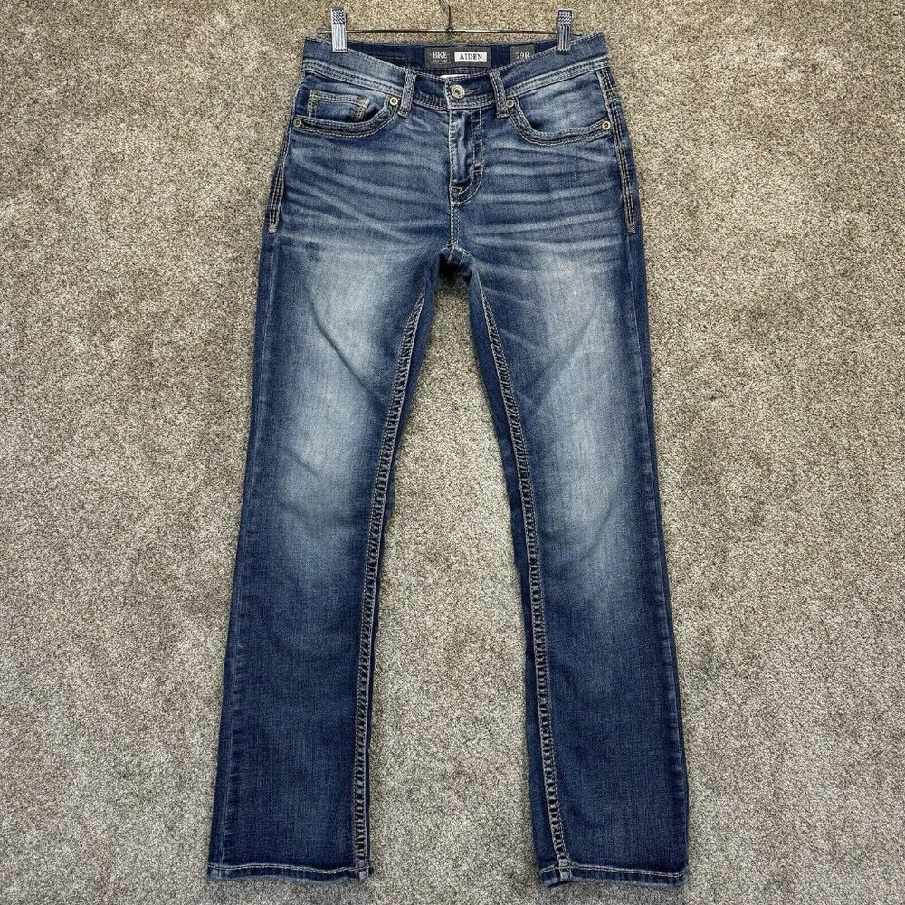 BKE Jeans Mens 29R Blue Aiden Bootleg Low Rise Stretch Fade Distressed Denim